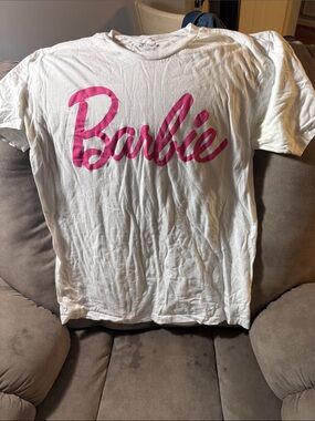 Unisex Barbie White Tee with Hot Pink Script Logo